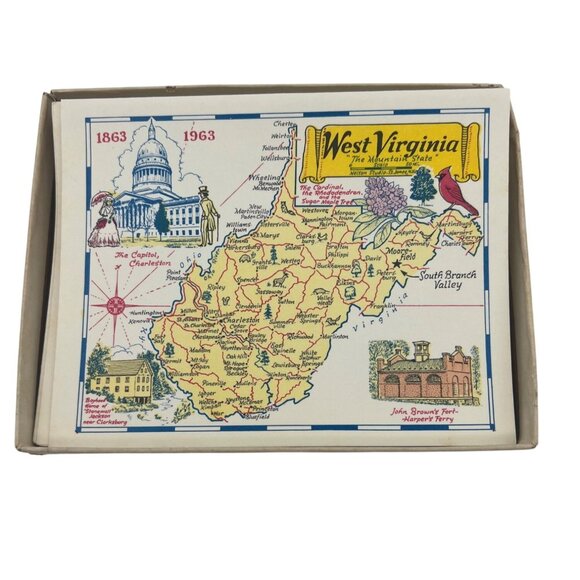 Vintage 1963 West Virginia Map Centennial Notecards Box Set Of 12 With Envelopes - Picture 1 of 5